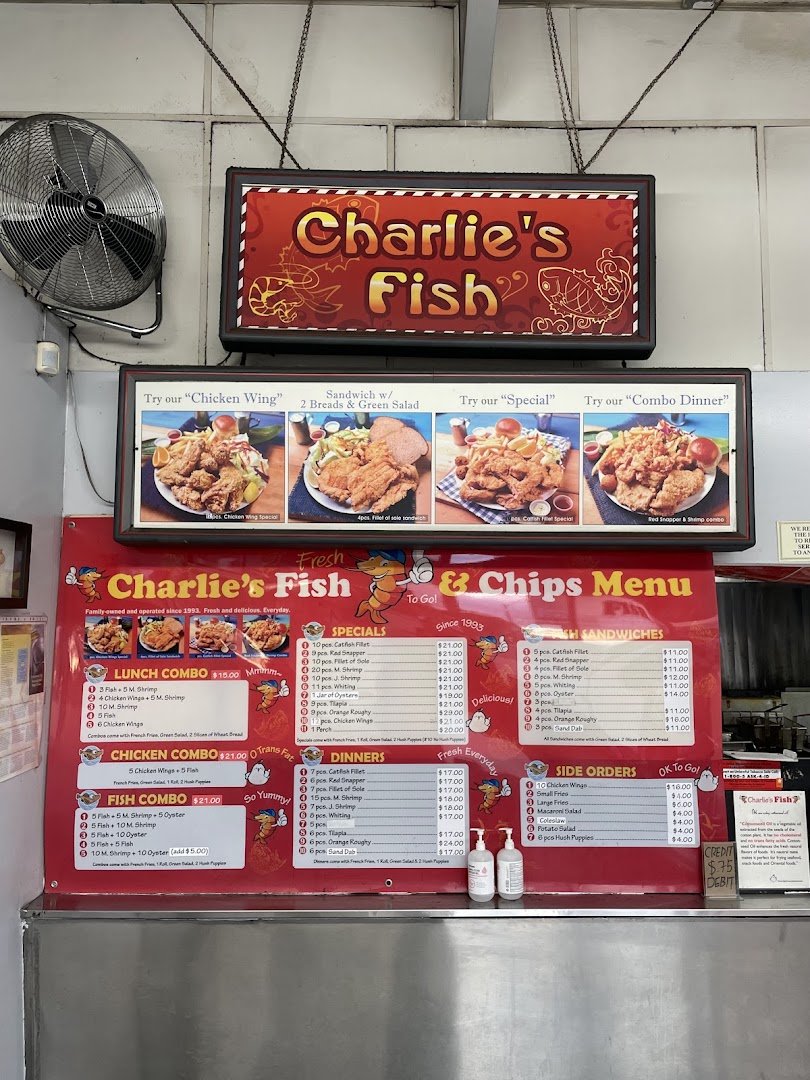 Counter service inside a casual fish restaurant.
