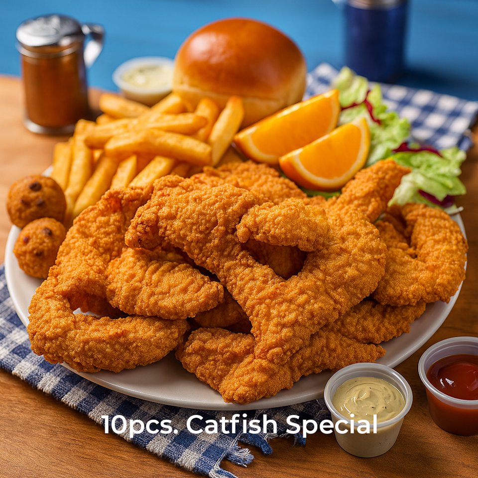 Menu board with fish combos and sides.