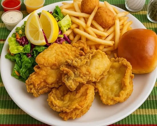 Printed menu showing chicken, fish, and shrimp.