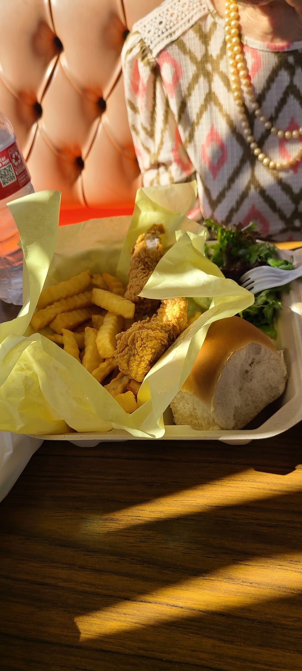 Printed menu showing chicken, fish, and shrimp.