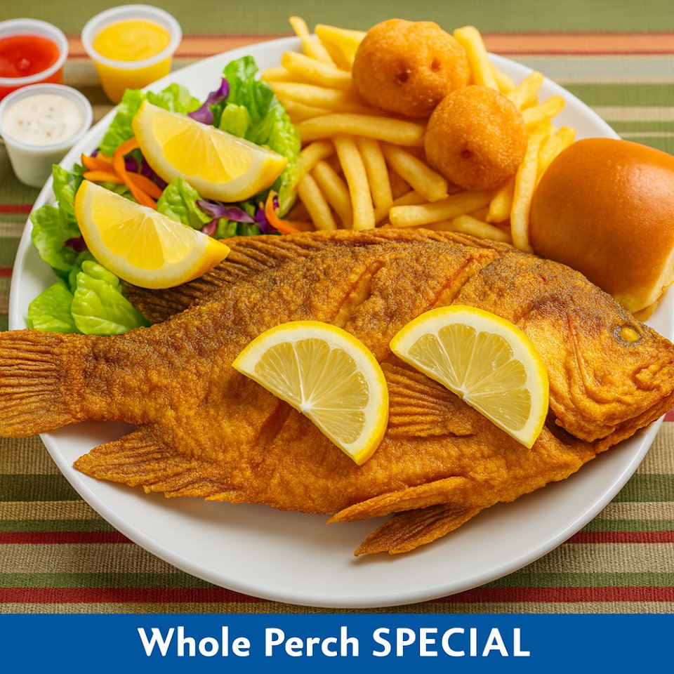 Specials menu with catfish, snapper, and oysters.