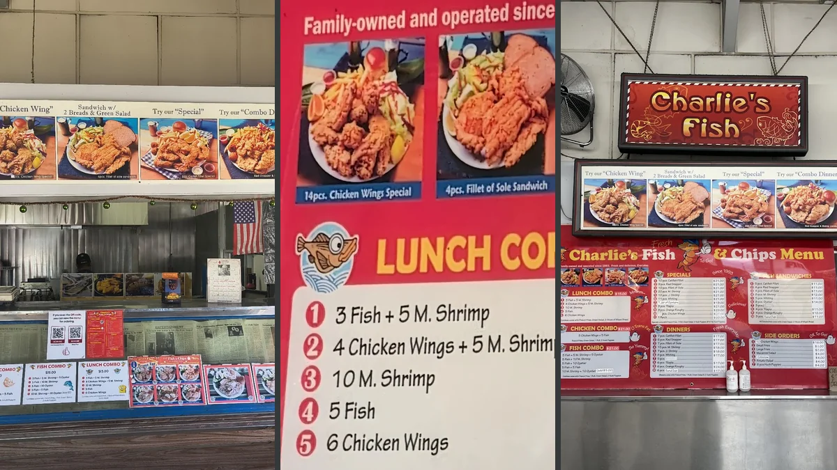 Counter service inside a casual fish restaurant.